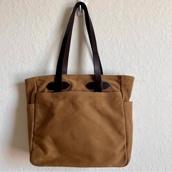 Filson Rugged Twill Tote Bag Tan Open Top Made in USA 100% Cotton Leather Strap